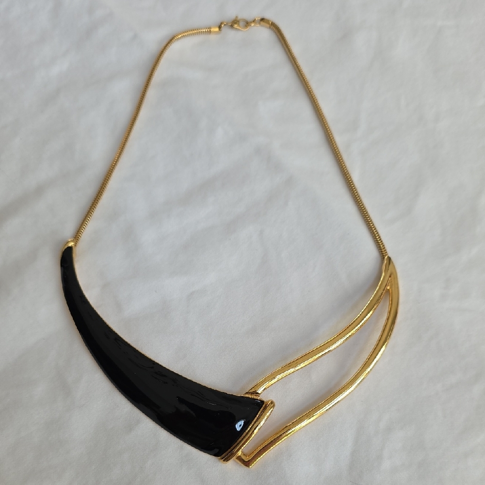 Monet Signed Vintage Black & Gold Modern Statement Necklace Circa 1980s